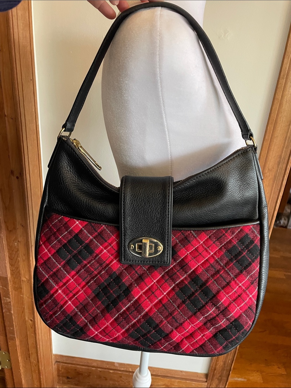 TALBOTS Greenwich Quilted Tartan & Leather Hobo Shoulder Bag